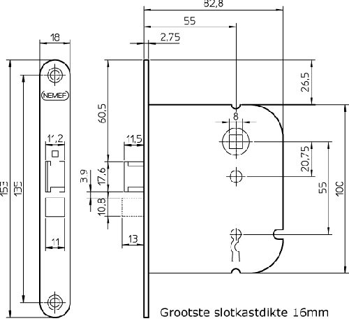 Deurslot Insteek D&N Klavier Nemef - 1446 SL.56MM DIN LS/RS