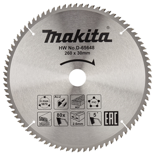 Cirkelzaagblad Hm Makita - 260X2.6X30MM 80T TCG