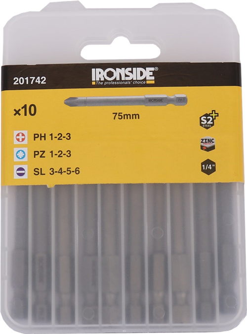 Schroefbitset Lang Ironside - 10-DELIG TORX/HEX 75MM